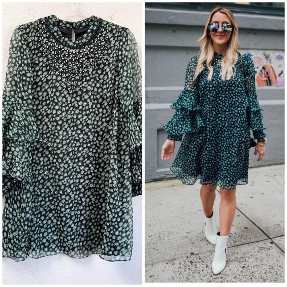 Anthropologie Ranna Gill Flutter Long Sleeve Tunic Mini Dress Green Size Medium